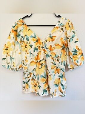 GAP Puff Sleeve Linen Blend Peplum Top Size M NWOT